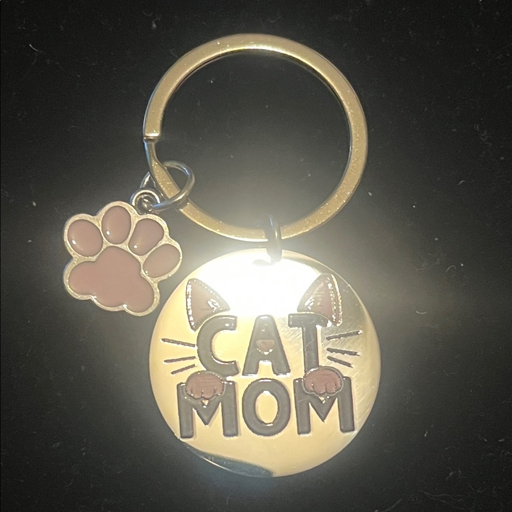 Cat Mom Keychain with Pink Paw Charm - Gold Tone
